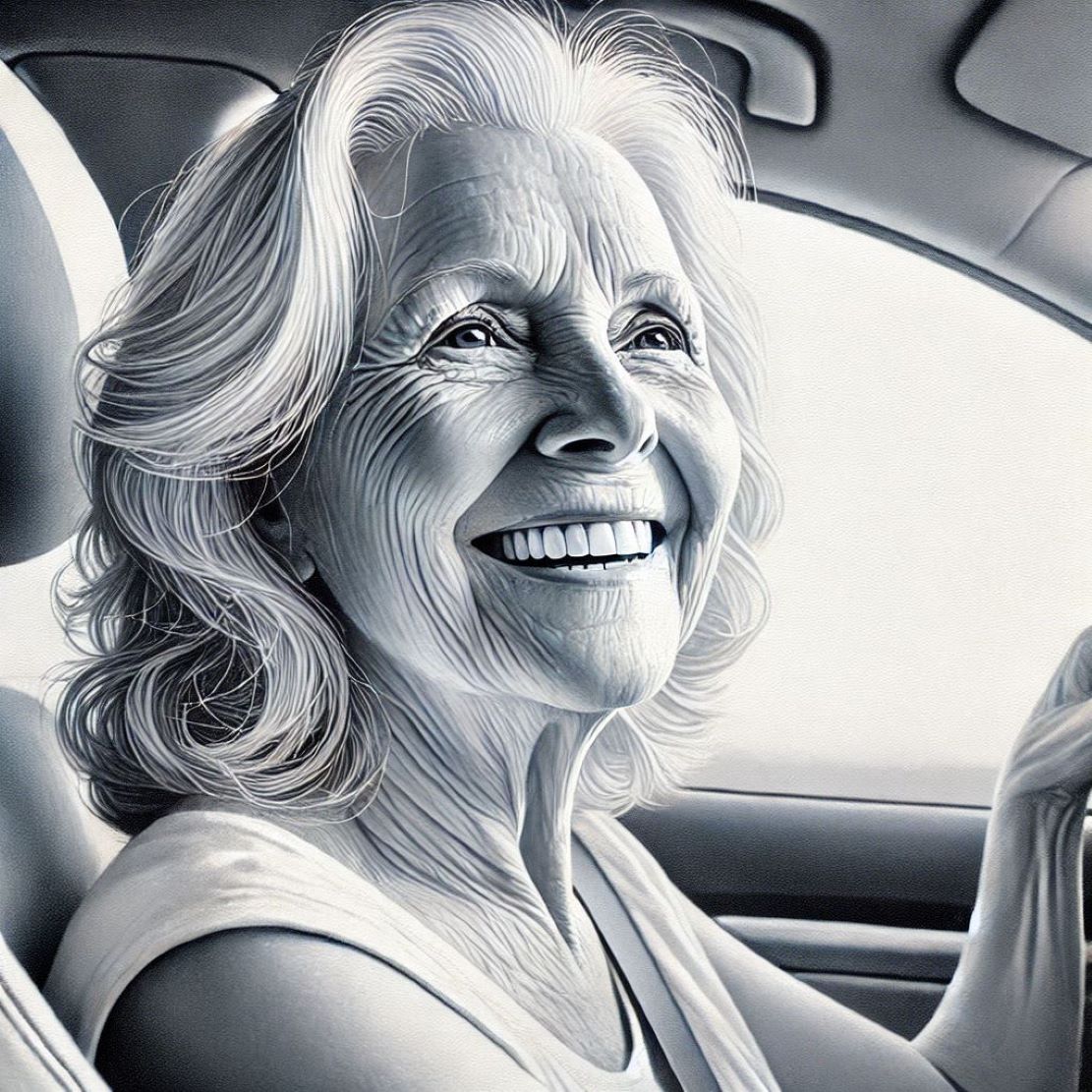 blije vrouw in een auto boven de 75 jaar na een goedkope medische keuring rijbewijs met goede kwaliteit